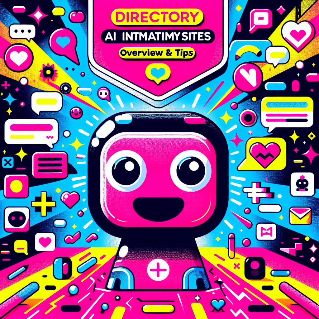 Vibrant image featuring a cartoonish AI companion character on a split Neon Pink and Bright Yellow background, surrounded by playful icons like hearts and chat bubbles, with bold lettering saying "Replika Overview & Tips" above, visually representing the Directory of AI intimacy sites: Replika overview and user tips theme.