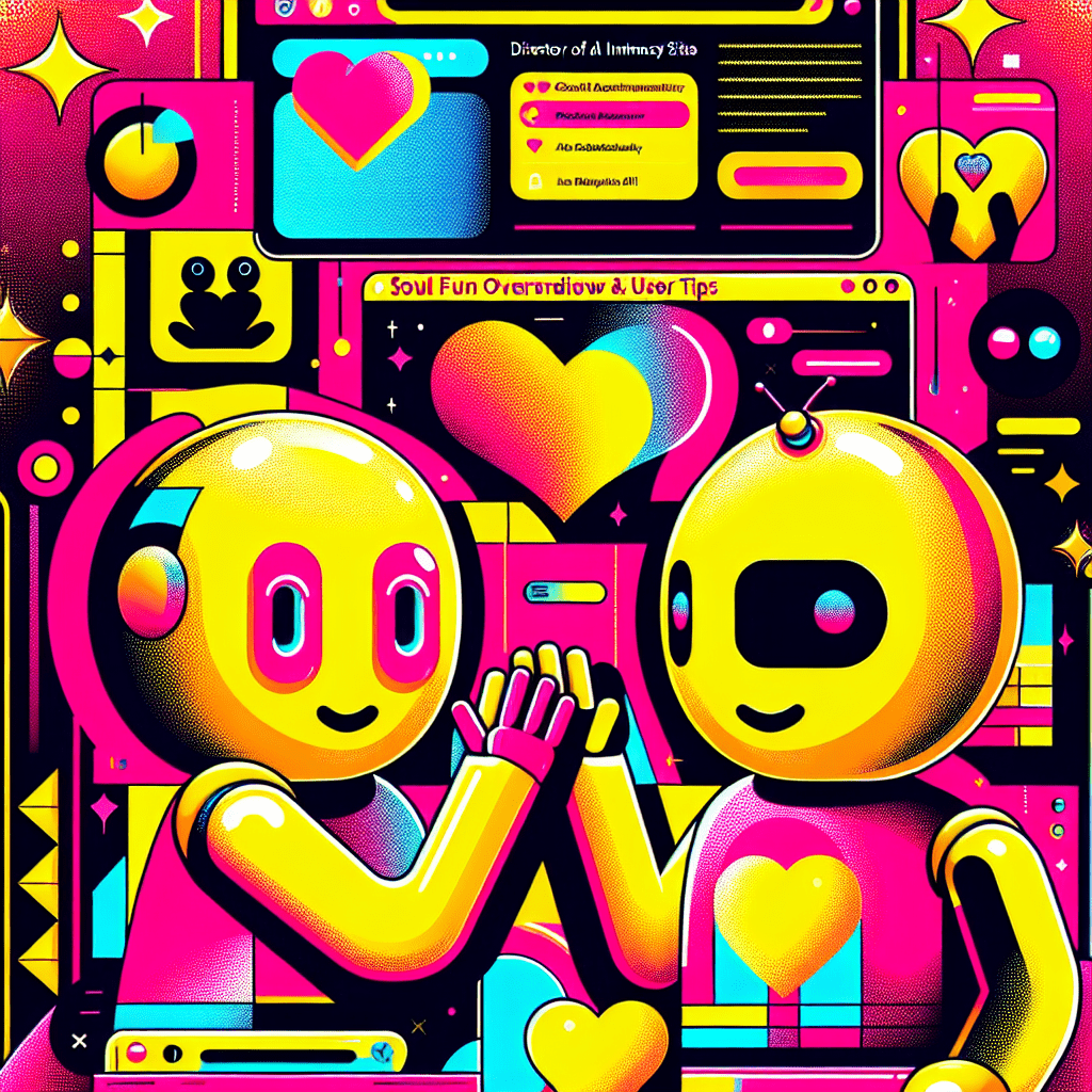 Vibrant Pop-Art illustration for the blog "Directory of AI Intimacy Sites: SoulFun Overview & User Tips," featuring friendly AI companion characters, bold geometric patterns in Neon Pink and Bright Yellow, and playful icons like hearts and chat bubbles, all designed to convey the fun and personalized nature of AI intimacy.