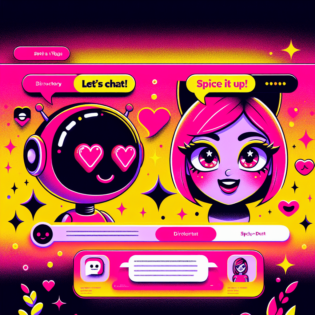 Vibrant featured image for the blog "Directory of AI intimacy sites: SpicyChat overview and user tips" showcasing two cartoonish AI companions, a smiling pink robot and a joyful yellow avatar, against a neon pink and bright yellow gradient background, with colorful speech bubbles, playful hearts, and stars, highlighting a fun and energetic atmosphere.