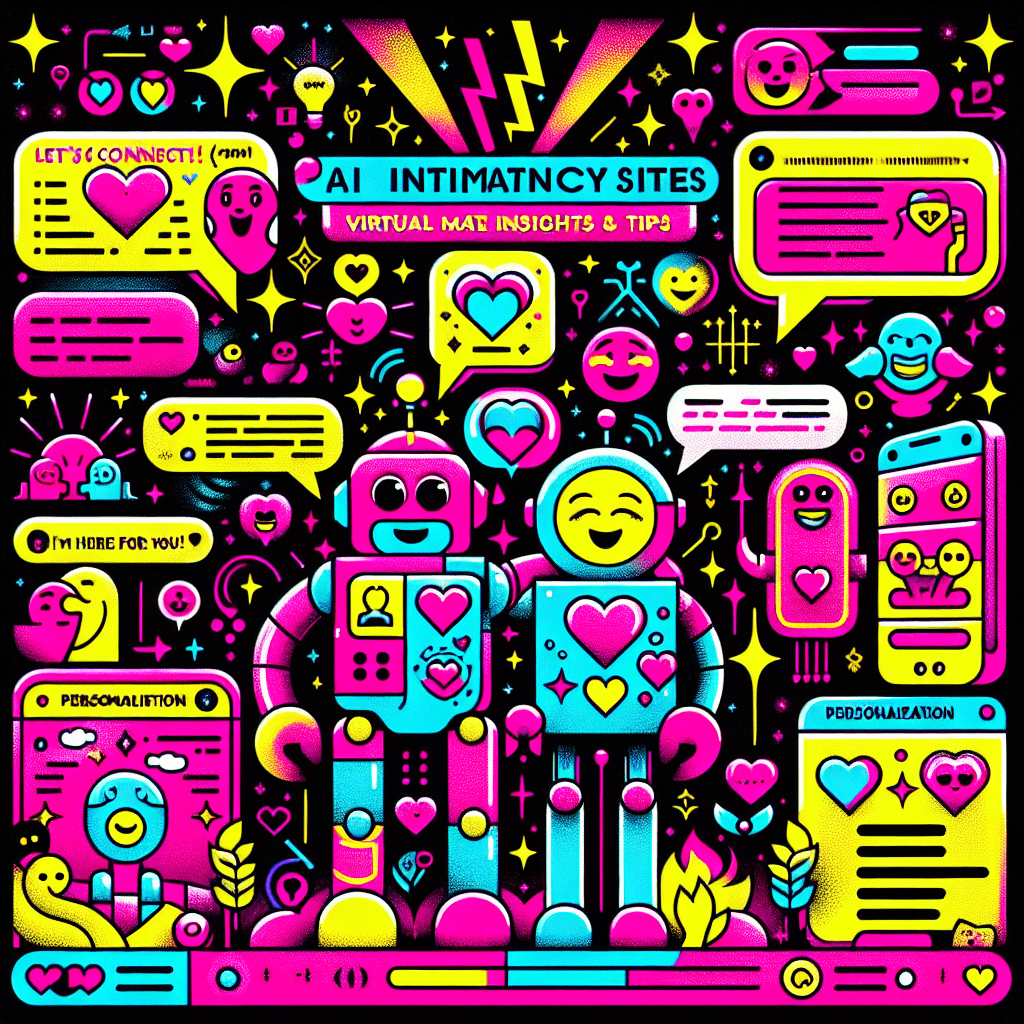 Vibrant image for the blog "Directory of AI intimacy sites: Virtual Mate overview and user tips" featuring colorful cartoon robots with personality, playful speech bubbles, customizable heart emojis, and dynamic patterns against a neon pink background, capturing the fun and essence of AI companionship.