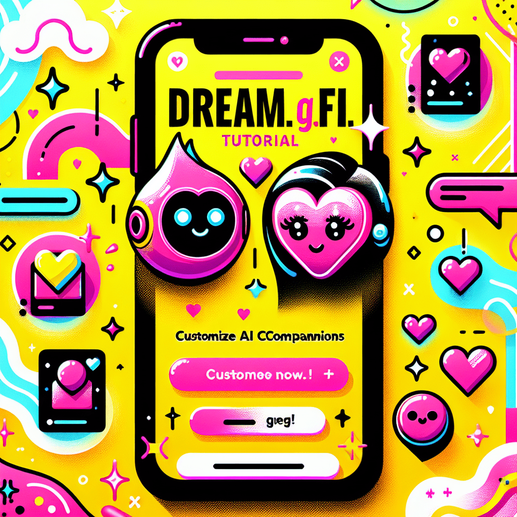 Bright yellow background with playful abstract shapes in neon pink and white featuring two cartoonish AI companions, one heart-shaped and one round, showcasing quirky expressions. Customization icons like hearts, stars, and chat bubbles in bright yellow and neon pink, along with bold text saying "DreamGF.ai Tutorial" and "Customize AI Companions for Engagement." Whimsical sparkles and a digital device hint at the theme of personalized AI companions in the DreamGF.ai tutorial: How to customize AI companions for better engagement.