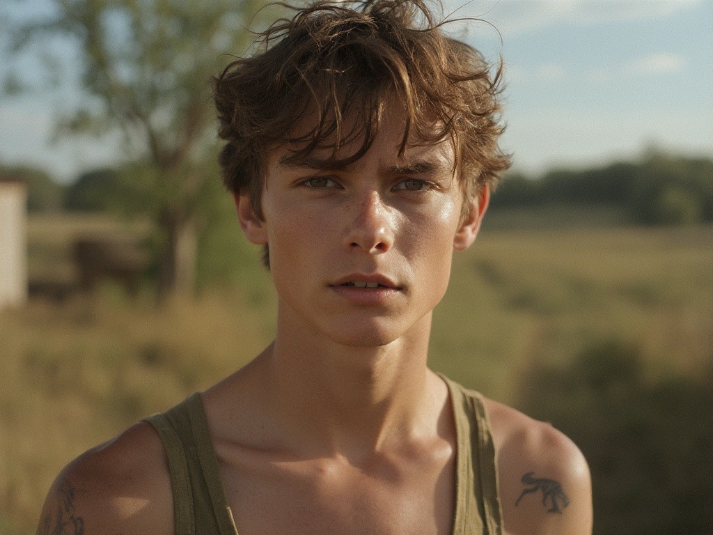 Photograph a 21-year-old Russian boy with gray eyes and light brown hair in a bohemian fashion style