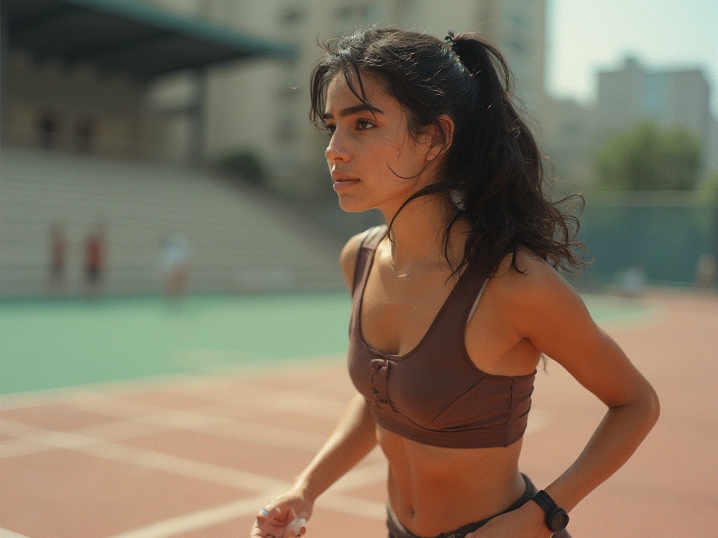 Kodak film photo capturing a 35-year-old Egyptian girl in sporty attire