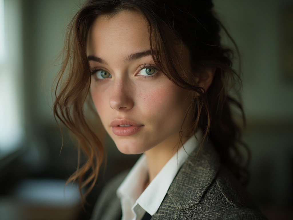 Portrait of a 22-year-old German ethnic girl with green eyes and brown hair