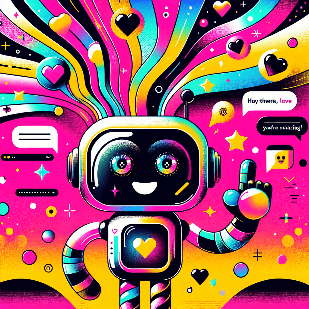 Friendly cartoon robot symbolizing AI companionship on a vibrant Neon Pink and Bright Yellow gradient background, surrounded by heart icons and playful speech bubbles, showcasing the theme of GirlfriendGPT review: Enhancing virtual relationships.