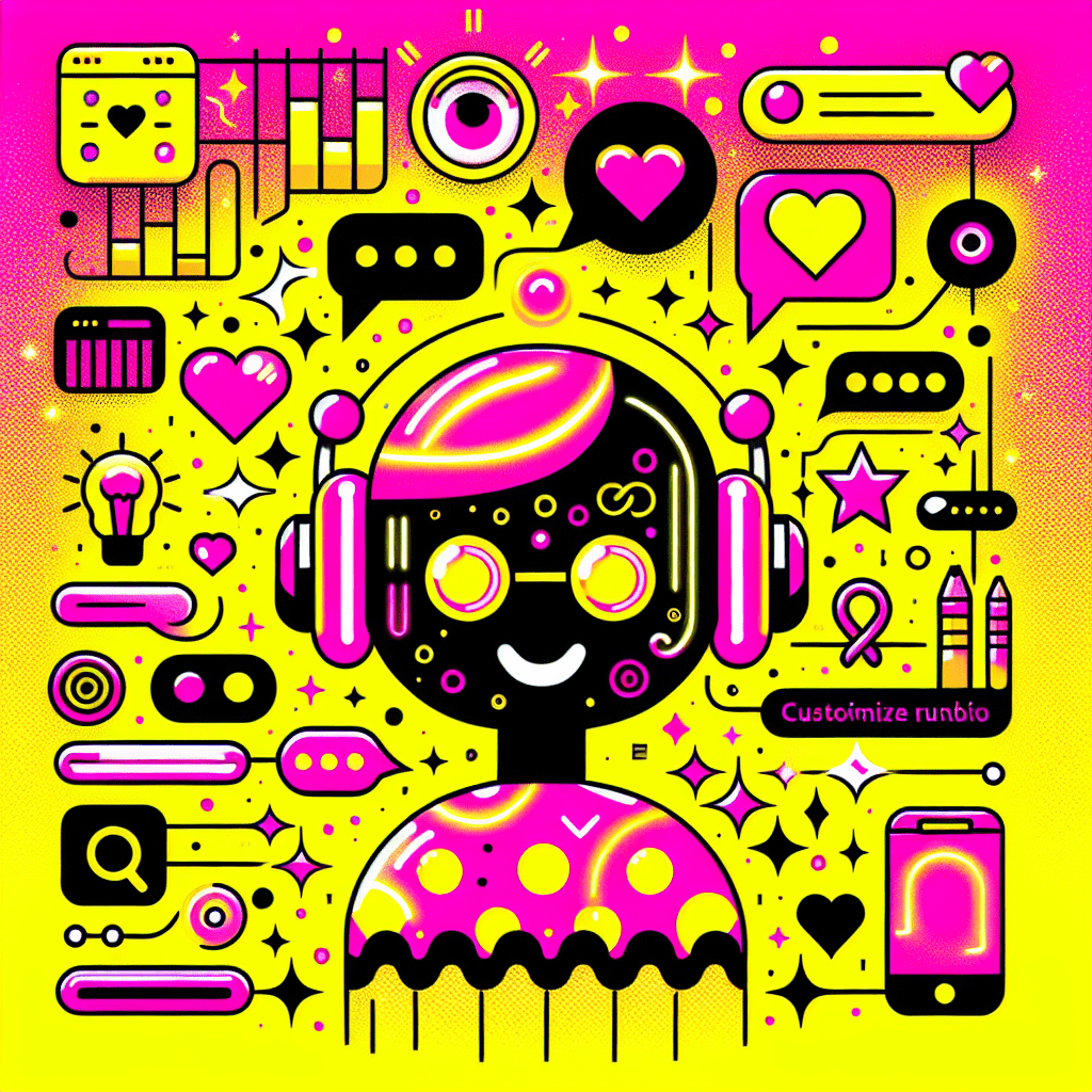 Bright Neon Pink background with playful Bright Yellow patterns, featuring a cartoonish AI companion character with a friendly expression and quirky accessories. Surrounding tech symbols like speech bubbles and hearts create dynamic engagement, with overlay text ‘GirlfriendGPT Tutorial: Customize AI Companions for Engagement’ in bold Bright Yellow against a Black outline. Whimsical stars and hobby icons enhance the vibrant, youthful feel of the image, illustrating the concept from the GirlfriendGPT tutorial: How to customize AI companions for better engagement.