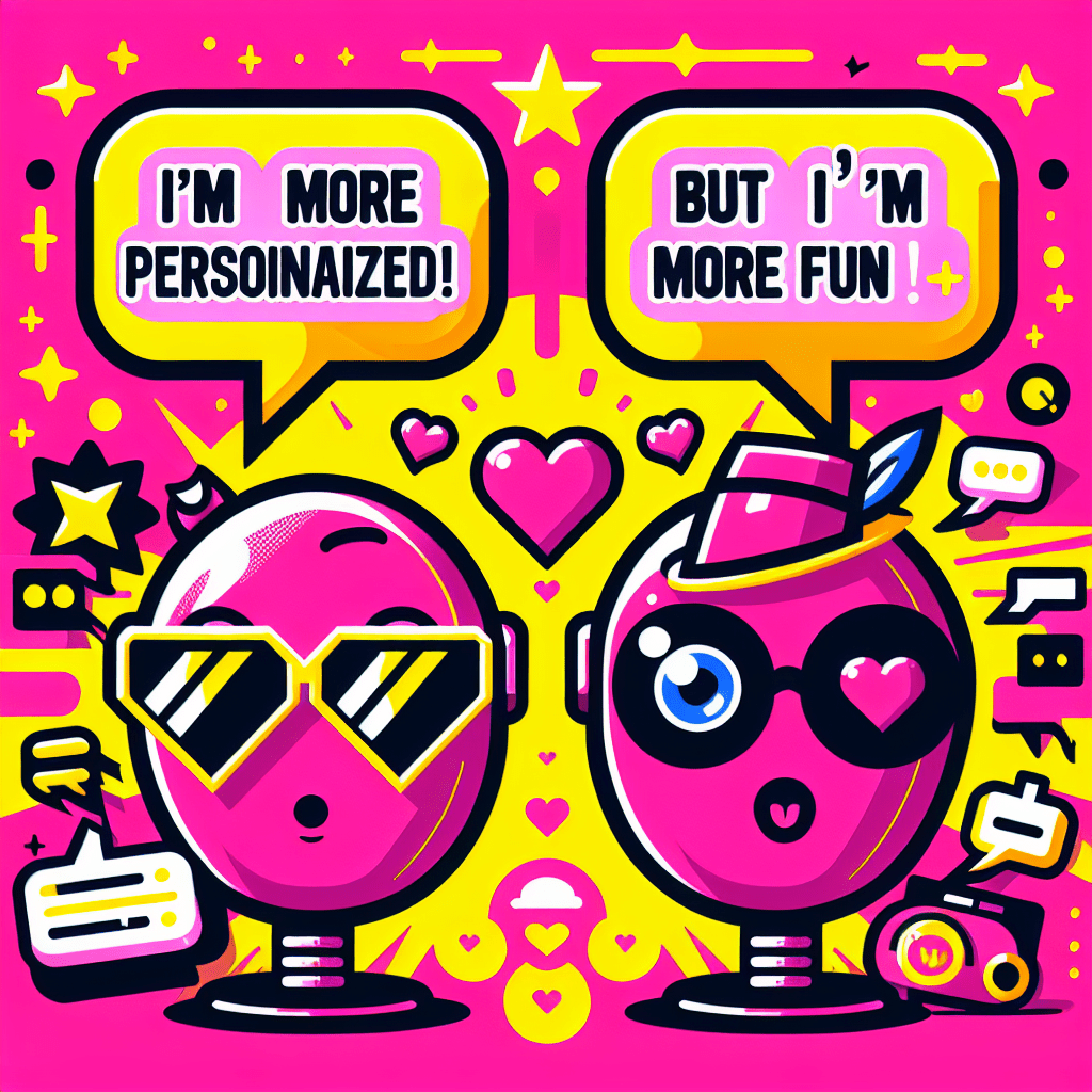 Vibrant illustration for the blog "GirlfriendGPT vs. GirlfriendGPT: Which is best for AI-driven relationships?" featuring two cartoonish AI companions with fun hairstyles and accessories on a bold Neon Pink background. One character wears sunglasses, while the other sports a playful hat, each with speech bubbles expressing their playful competition. The design includes pop-art elements like stars and hearts in Bright Yellow and White, with bold typography for the title, all framed in a Bright Yellow border.