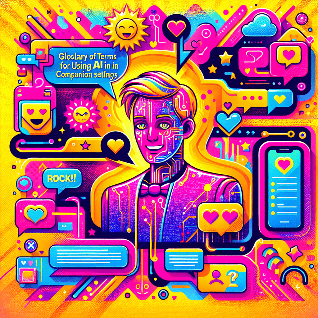 Playful and vibrant image illustrating a cartoon AI boyfriend surrounded by colorful icons of companionship, featuring the title "Glossary of terms for using AI Boyfriend in AI companion settings" in bold, fun typography against a dynamic Neon Pink and Bright Yellow background, embodying the energetic essence of All My Love brand.