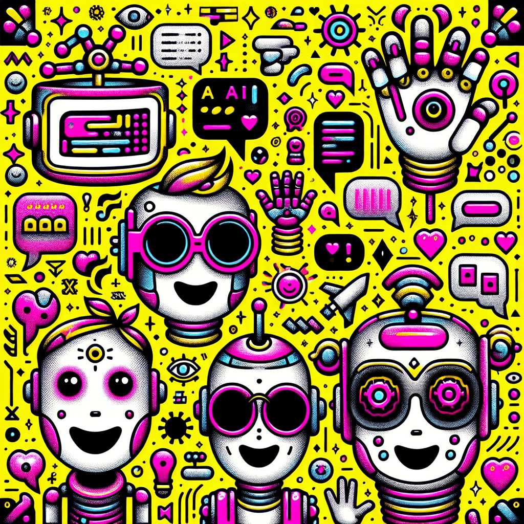 Vibrant featured image for the blog 'Glossary of Terms for Using AI Friend in AI Companion Settings', showcasing playful AI companion illustrations, personalized avatars, and colorful glossary symbols against a bright yellow background, with bold neon pink title text outlined in black.