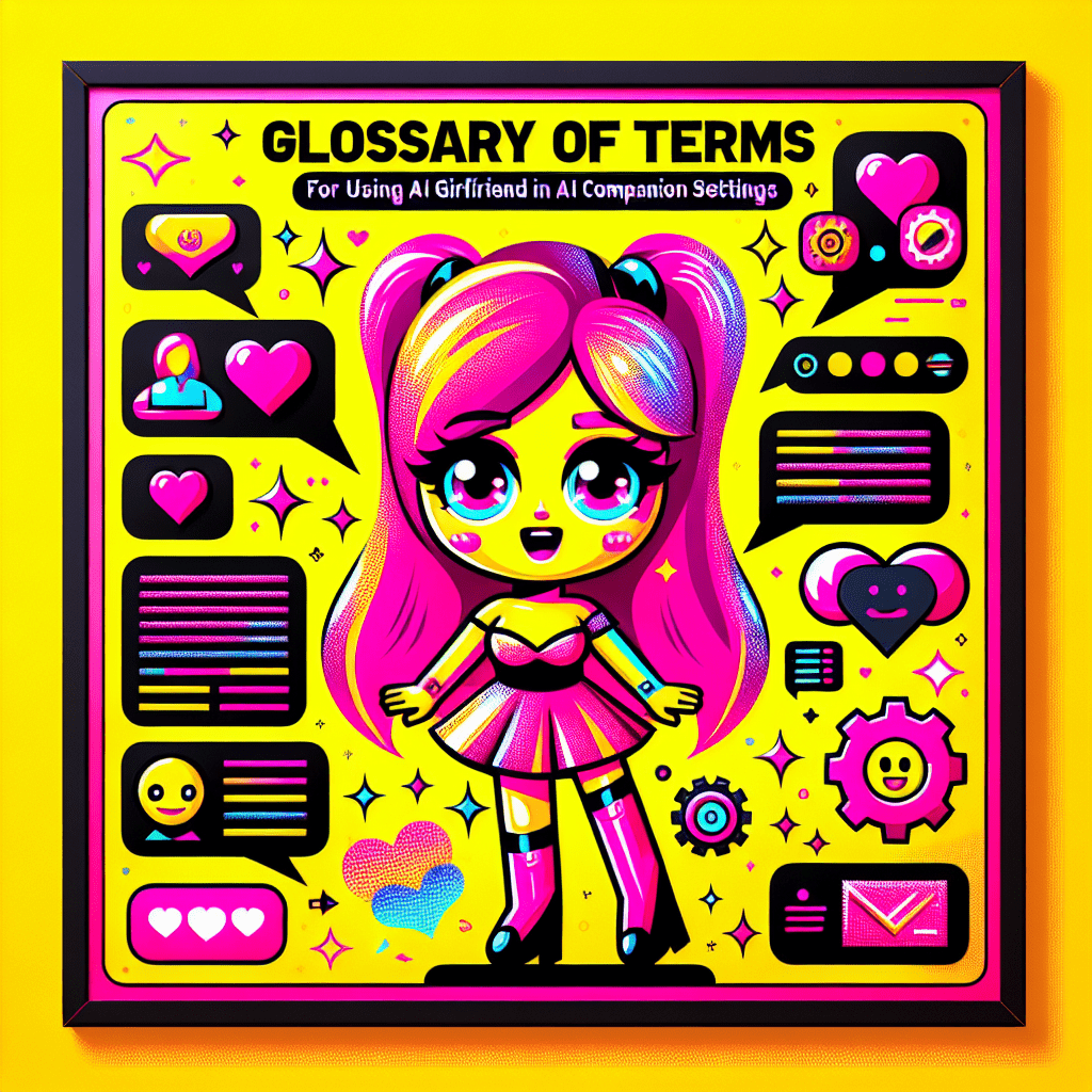 Bright yellow background with bold pink title text “Glossary of Terms” and smaller subtitle “for Using AI Girlfriend in AI Companion Settings.” Features a cartoonish AI girlfriend character with neon pink hair and cheerful expression, surrounded by colorful icons representing AI and personal experiences. Playful sparkles and speech bubbles enhance the theme of interaction and companionship, framed with bold black outlines. Ideal for the blog "Glossary of terms for using AI Girlfriend in AI companion settings."