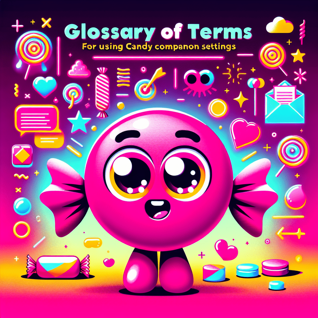 Cartoonish candy-shaped AI companion character with bright yellow eyes and a smile on a vibrant neon pink background, surrounded by playful icons, encapsulating the joyful spirit of the blog post "Glossary of terms for using Candy.ai in AI companion settings" in a dynamic pop-art style.