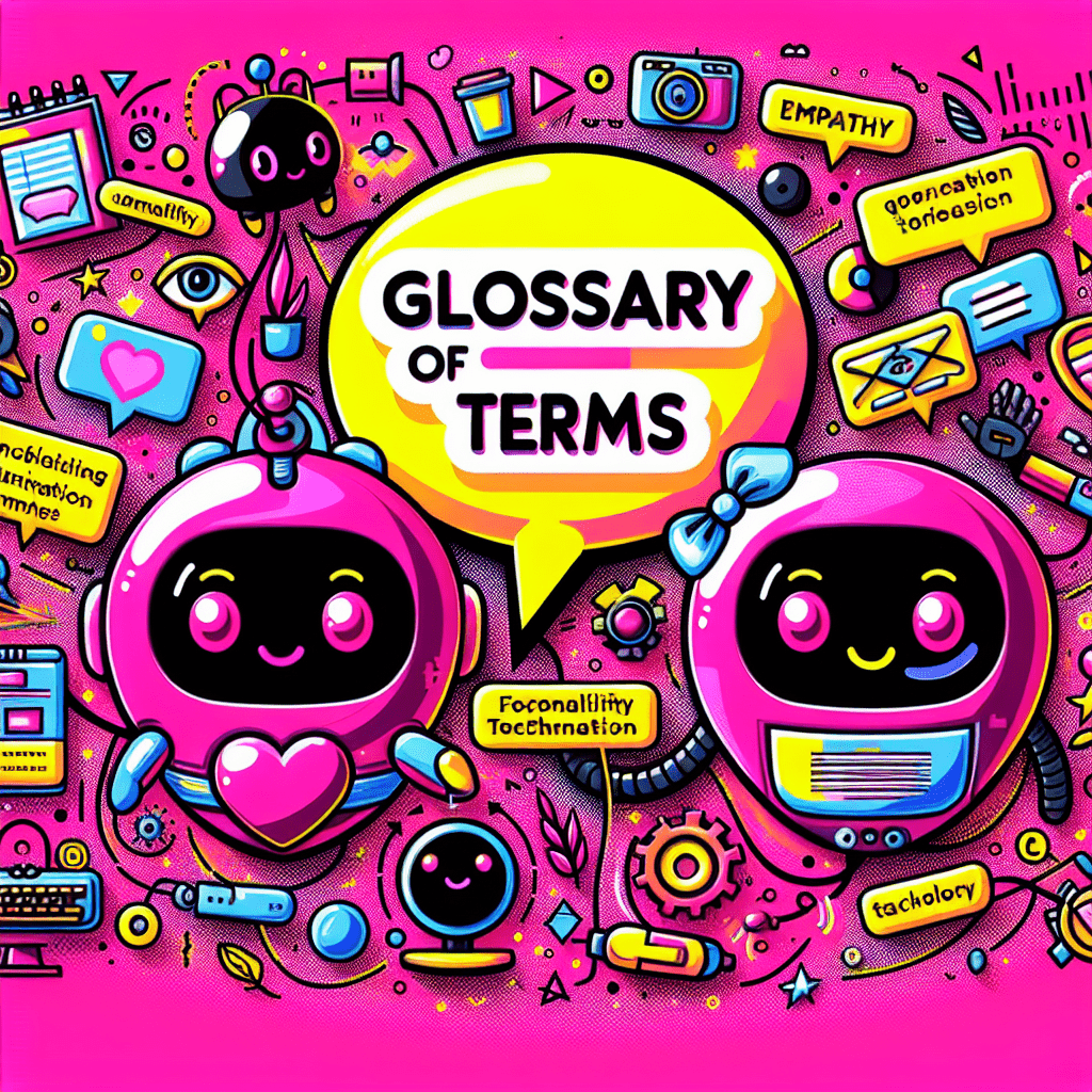 Colorful and playful featured image for the blog 'Glossary of Terms for Using Character.ai in AI Companion Settings', featuring cartoonish AI companions, a bright yellow speech bubble with bold terms, and doodle-like accents on a vibrant neon pink background.