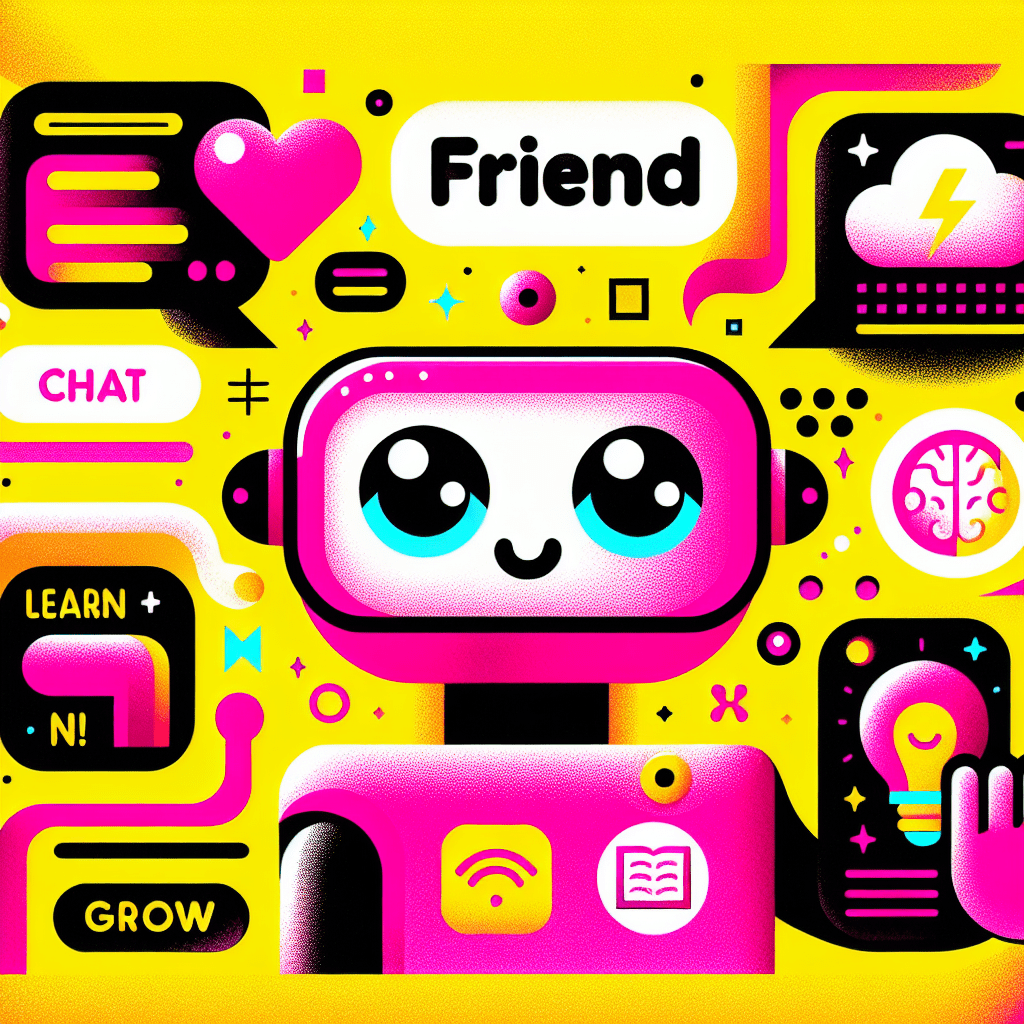 Bright yellow background featuring a cartoonish AI companion character with neon pink and white colors, oversized expressive eyes, and a friendly smile. Playful thought bubbles around the character display fun terms like "Friend", "Chat", "Learn", and "Grow" in bold black typography. Small cartoon-style icons representing personalization (heart), instant communication (lightning bolt), and learning (brain) are scattered around. The title 'Glossary of Terms for Using Crushon.ai in AI Companion Settings' is prominently displayed at the top in bold white font with black shadow. Dynamic abstract shapes in black and neon pink enhance the lively pop-art aesthetic.