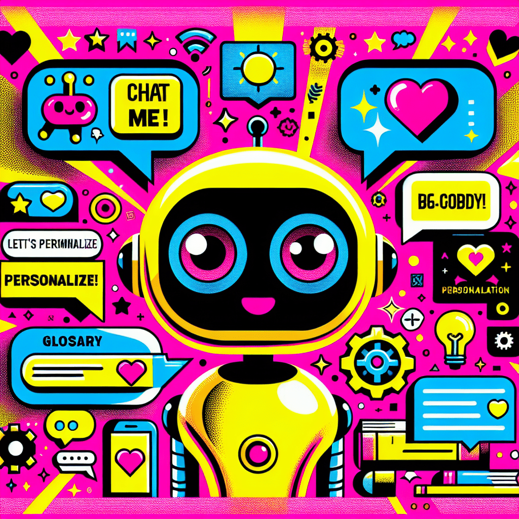 Vibrant Neon Pink backdrop featuring a cartoonish Bright Yellow AI companion character with playful expressions, surrounded by fun Black and White speech bubbles containing phrases like “Chat with me!” and icons of a heart, lightbulb, and gears, complemented by a small book icon labeled “Glossary,” encapsulating the educational theme of the blog “Glossary of terms for using DreamGF.ai in AI companion settings” with a dynamic and lively composition.