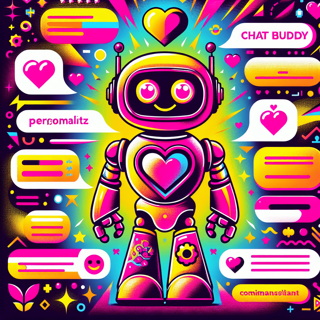 Vibrant featured image for the blog 'Glossary of terms for using GirlfriendGPT in AI companion settings,' showcasing a playful cartoonish robot with a heart-shaped face and expressive eyes against a neon pink and bright yellow gradient background, surrounded by colorful speech bubbles with terms like ‘Chat Buddy’ and ‘Virtual Friend,’ along with cheerful icons like hearts and stars, all reflecting the fun and personalized nature of AI companions.