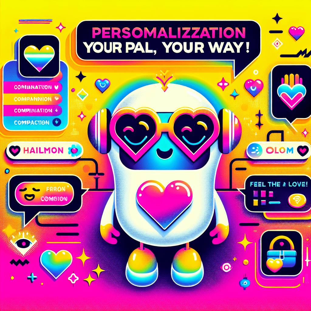 Vibrant image for the blog "Glossary of terms for using LovePalz in AI companion settings" featuring a cute white robot with a heart-shaped face and fun glasses, surrounded by colorful text bubbles, emoji icons, and playful graphic elements on a bright yellow to neon pink gradient background.