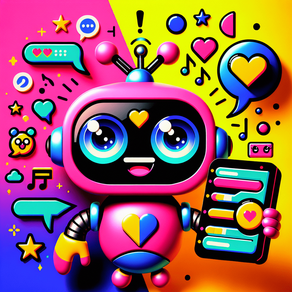 Vibrant and playful featured image for the blog 'Glossary of terms for using Muah.ai in AI companion settings' with a split Neon Pink and Bright Yellow background, a cartoonish friendly robot character holding a speech bubble with playful icons, and colorful floating labels representing key AI terms, all showcasing a fun and youthful vibe.