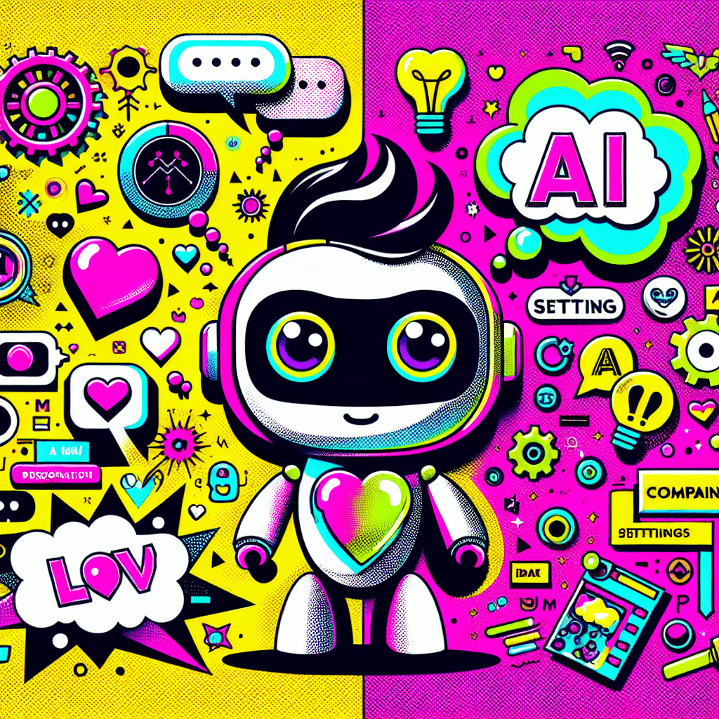 Vibrant pop-art illustration featuring a friendly cartoon AI companion character with big expressive eyes and a smile, set against a split neon pink and bright yellow background. The playful design includes hand-drawn typography for "Glossary of Terms" in vibrant colors, with speech bubbles showcasing key terms like "AI," "Companion," and "Settings," surrounded by tech and personalization icons like gears and hearts. This image captures the essence of the blog "Glossary of terms for using ProjectX.AI in AI companion settings," reflecting the fun and youthful identity of the All My Love brand.