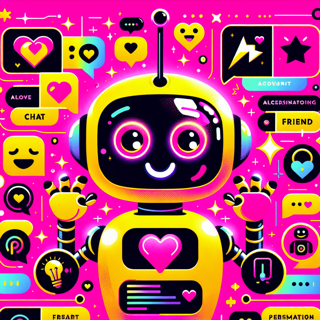 Vibrant pop-art illustration for the blog "Glossary of Terms for Using Replika in AI Companion Settings," featuring a friendly cartoon robot with a yellow body, heart-shaped hands, and expressive eyes against a neon pink background. Colorful speech bubbles around the robot depict AI terms like "friend," "chat," "learn," and "share." Playful elements include stars and hearts, enhancing the energetic vibe. The blog title is prominently displayed in bold, alternating black and white lettering.