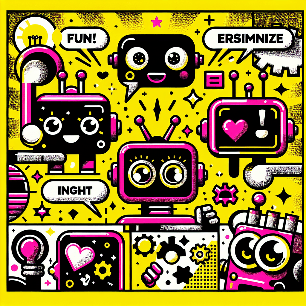 Vibrant pop-art illustration featuring playful cartoonish AI companions with big friendly eyes and colorful designs, interacting with oversized icons like light bulbs and hearts. The background is bright yellow, with comic-style speech bubbles that say "Fun!" and "Personalize!" This image represents the topic of the Glossary of terms for using SoulFun in AI companion settings.