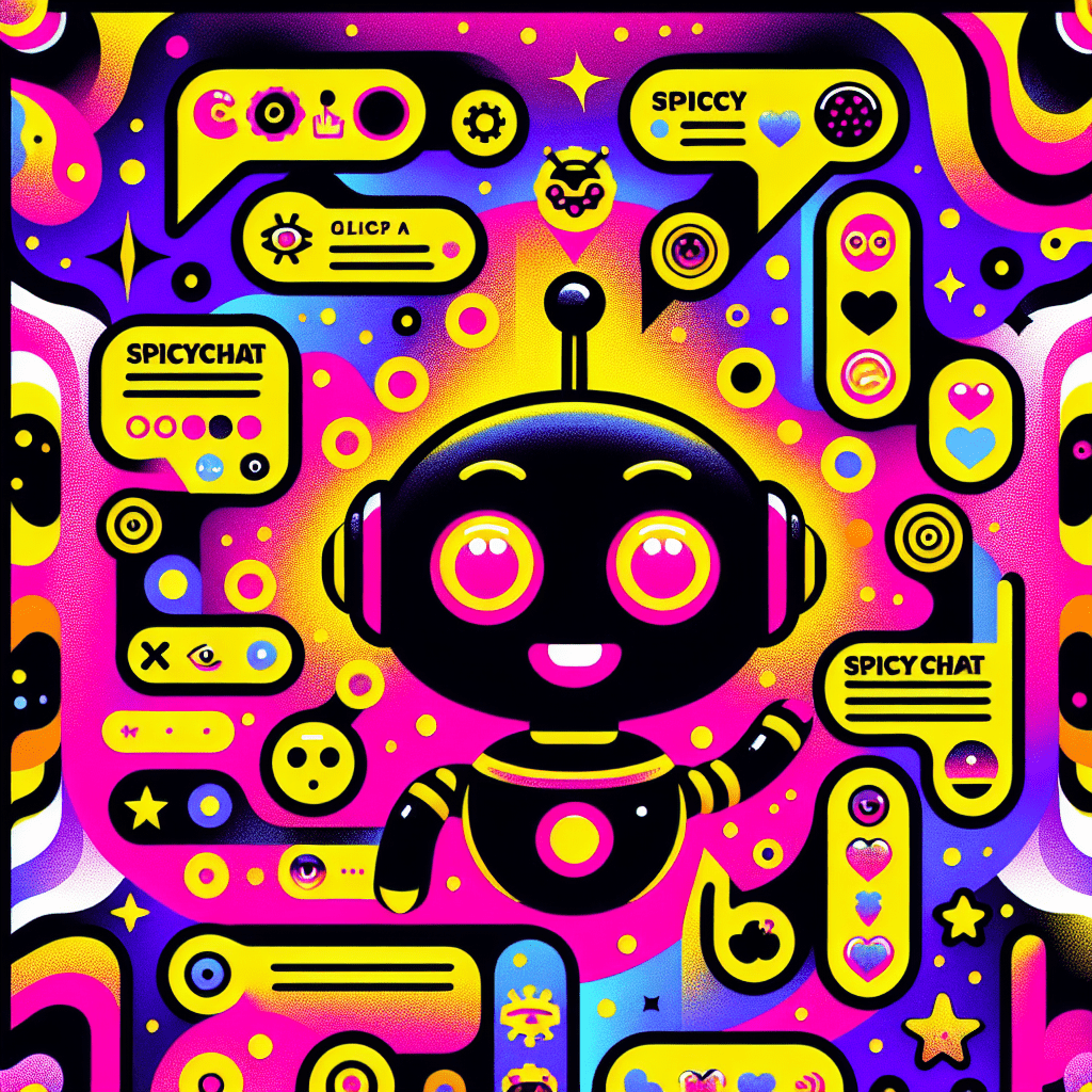 Bright neon pink background with abstract shapes and playful circular patterns featuring a cartoonish black and bright yellow robot holding a speech bubble. Surrounding icons representing chat terminology like chat bubbles and hearts, with the blog title "Glossary of terms for using SpicyChat in AI companion settings" in bold, playful font, enhanced by fun elements like stars and sparkles, embodying a vibrant, engaging style.