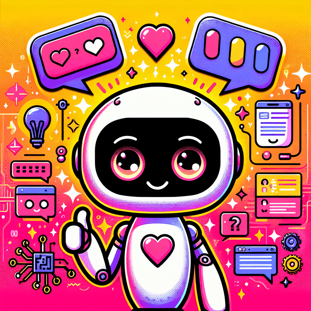 Vibrant featured image for the blog "Glossary of terms for using Virtual Mate in AI companion settings," showcasing a friendly AI companion character in a playful pop-art style against a Neon Pink and Bright Yellow gradient background, surrounded by speech bubbles, technology symbols, and icons representing key glossary terms.