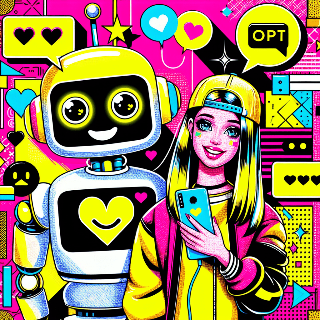 Vibrant image illustrating "How to integrate ChatGPT with AI Boyfriend for enhanced AI relationships," featuring a cheerful robot with a heart-shaped battery and a user interacting via phone, set against a Neon Pink background with abstract shapes, playful speech bubbles, and scattered hearts and stars, embodying a youthful and fun connection.