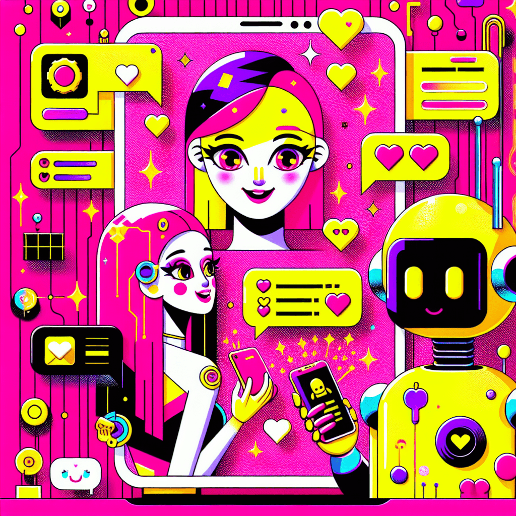 Vibrant image illustrating how to integrate ChatGPT with AI Girlfriend for enhanced AI relationships, featuring a cheerful cartoon AI Girlfriend and a sleek AI robot against a neon pink background with playful yellow geometric shapes, floating hearts, and animated chat icons, complemented by bold typography showcasing the blog title.