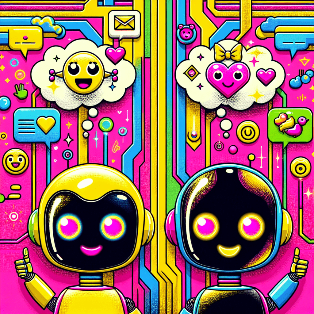 Vibrant and playful illustration for a blog post titled How to integrate ChatGPT with Candy.ai for enhanced AI relationships, featuring two cartoonish AI characters with friendly smiles, colorful thought bubbles with chat symbols, and candy icons, all set against a neon pink background to convey a lively integration theme.