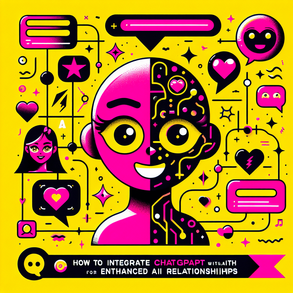 Vibrant image illustrating how to integrate ChatGPT with Character.ai for enhanced AI relationships, featuring a cheerful yellow background, a cartoonish neon pink ChatGPT logo with fun eyes and smile, a playful black and white Character.ai avatar, and bold neon pink lines connecting them, surrounded by whimsical icons like hearts and speech bubbles, with the blog title in bold cartoonish font at the bottom.