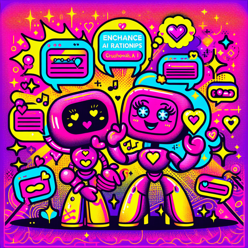 Vibrant artwork depicting two playful AI characters symbolizing ChatGPT and Crushon.ai set against a neon pink background, featuring thought bubbles with colorful icons representing personal interests, emphasizing the theme "How to integrate ChatGPT with Crushon.ai for enhanced AI relationships" through fun typography and dynamic composition.