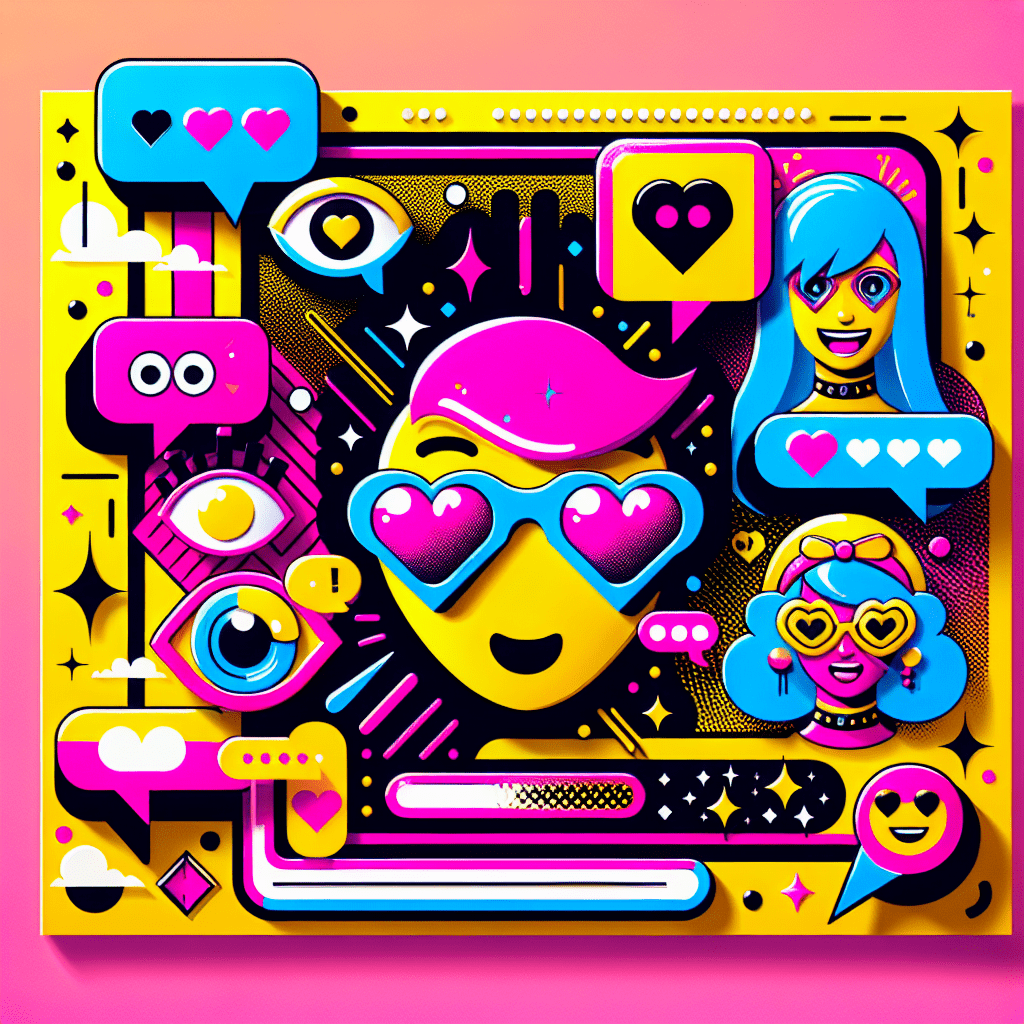 Vibrant pop-art illustration showcasing cartoonish AI companions representing ChatGPT and DreamGF.ai, connected by a playful dotted line, with customizable accessories and colorful speech elements, embodying the theme of how to integrate ChatGPT with DreamGF.ai for enhanced AI relationships against a bright yellow background.