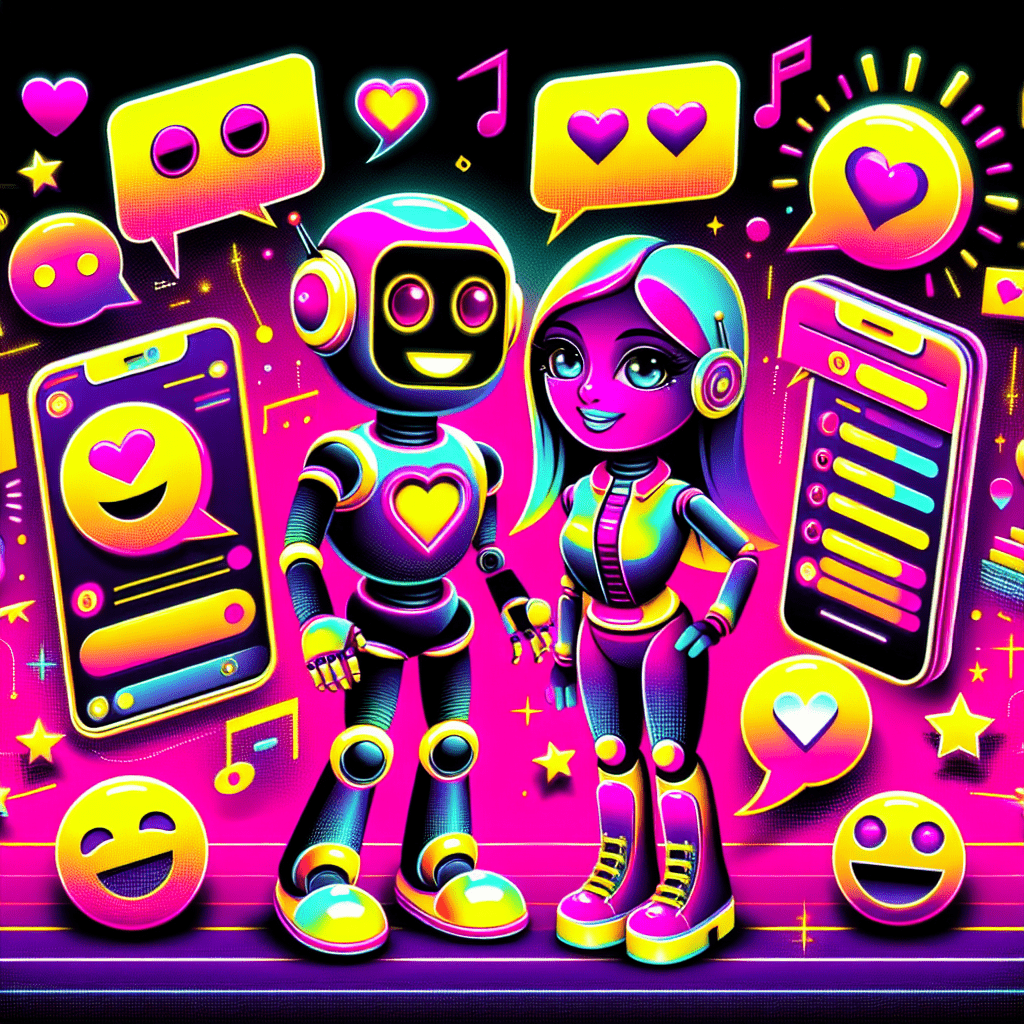 Colorful illustration of ChatGPT as a friendly robot and GirlfriendGPT as a modern female character engaging in conversation, surrounded by chat bubbles, hearts, and digital devices, with vibrant neon pink and bright yellow background, reflecting the blog topic "How to integrate ChatGPT with GirlfriendGPT for enhanced AI relationships."