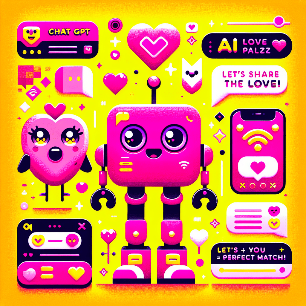 Vibrant yellow background featuring a cheerful cartoon ChatGPT robot in neon pink alongside playful LovePalz characters, including a cute heart and a quirky lovebird, surrounded by hearts, speech bubbles with messages like "AI + You = Perfect Match!" and festive confetti, illustrating how to integrate ChatGPT with LovePalz for enhanced AI relationships.