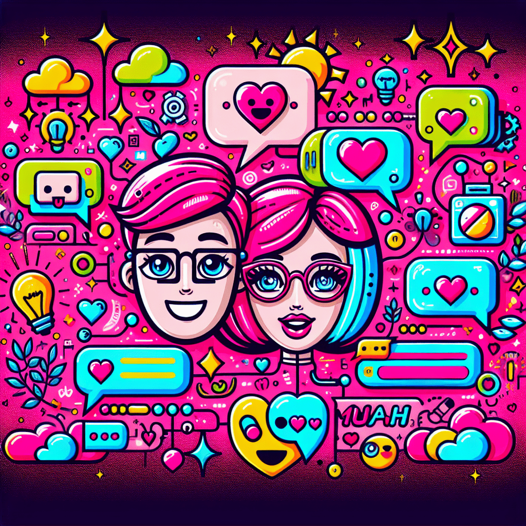 Bright neon pink background featuring playful, cartoonish AI avatars representing ChatGPT and Muah.ai, with ChatGPT embodying intelligence through glasses and a speech bubble, while Muah.ai radiates warmth with heart shapes. Surrounded by colorful chat bubbles, sparkles, and stars, the dynamic composition includes the blog title "How to integrate ChatGPT with Muah.ai for enhanced AI relationships" in bold, vibrant text, capturing a fun and youthful vibe.