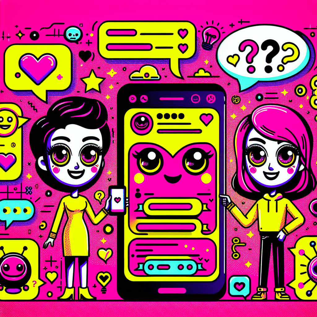 Vibrant featured image illustrating how to integrate ChatGPT with Replika for enhanced AI relationships, featuring two playful cartoon characters with expressive eyes, a neon pink background, colorful outfits, speech bubbles, and interactive elements like a smartphone displaying a chat interface.