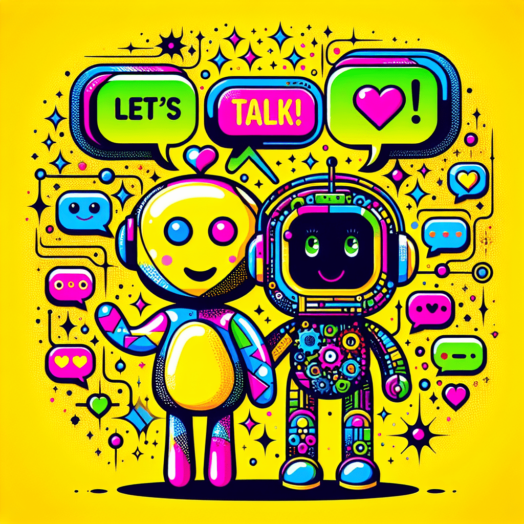 Vibrant illustration for a blog titled How to integrate ChatGPT with SoulFun for enhanced AI relationships featuring a cartoonish AI character with oversized eyes and colorful speech bubbles, accompanied by a whimsical character with headphones, emphasizing playful interactions and digital integration among joyful elements and bold typography.