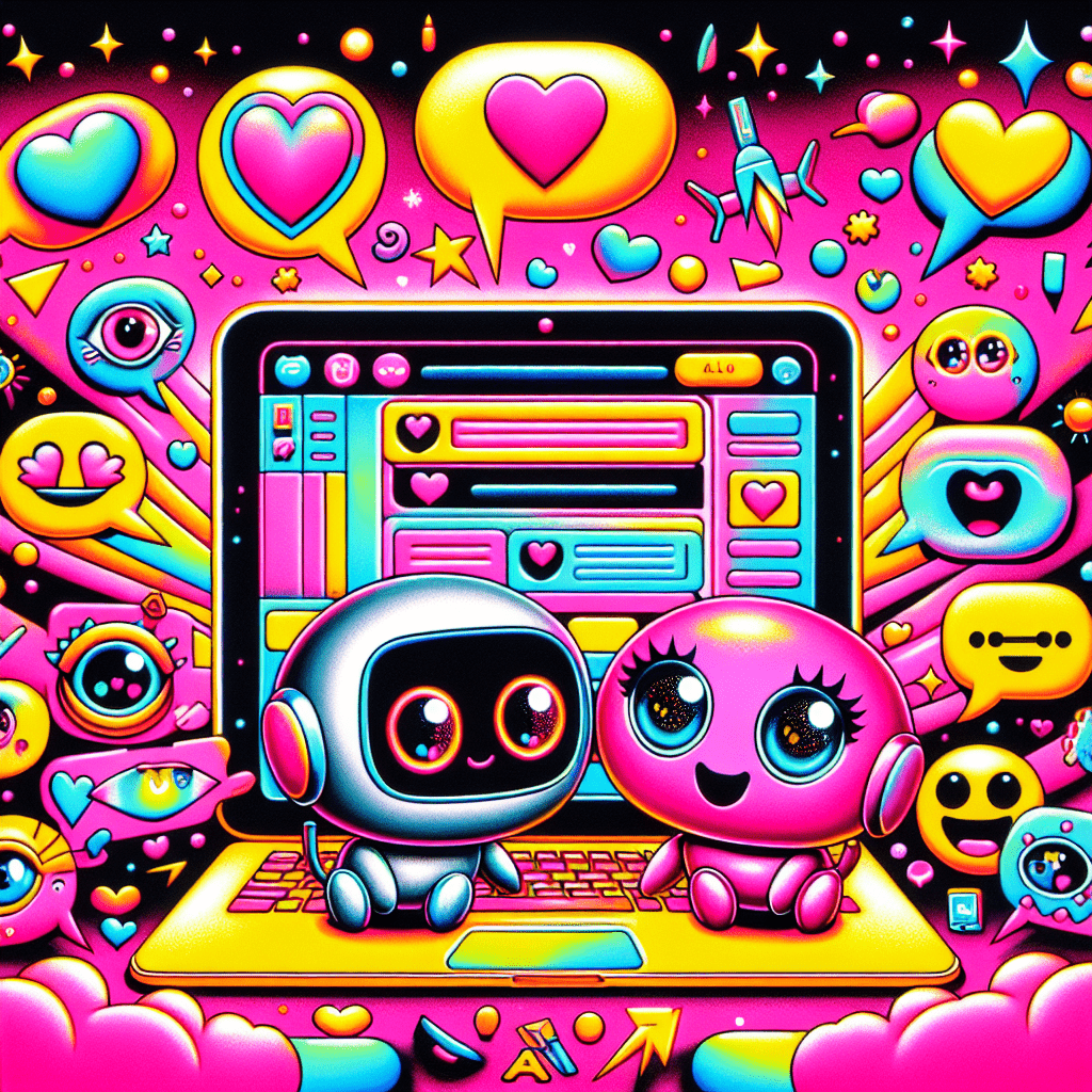 Cartoonish AI characters representing ChatGPT and SpicyChat interact playfully around a colorful laptop, embodying the vibrant spirit of the "All My Love" brand against a bold Neon Pink background, while illustrating the blog topic "How to integrate ChatGPT with SpicyChat for enhanced AI relationships" with engaging visuals like speech bubbles and hearts.