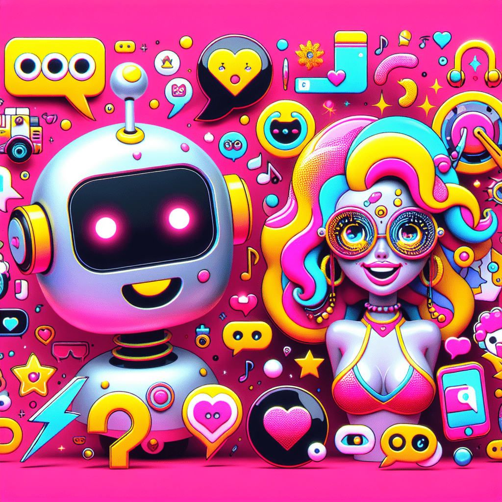 Vibrant pop-art style image for a blog titled How to integrate ChatGPT with Virtual Mate for enhanced AI relationships, featuring a neon pink background, friendly robot character representing ChatGPT with a speech bubble, whimsical character for Virtual Mate with playful features, and floating icons like chat bubbles and hearts in bright yellow and white, all conveying personalization and connection.