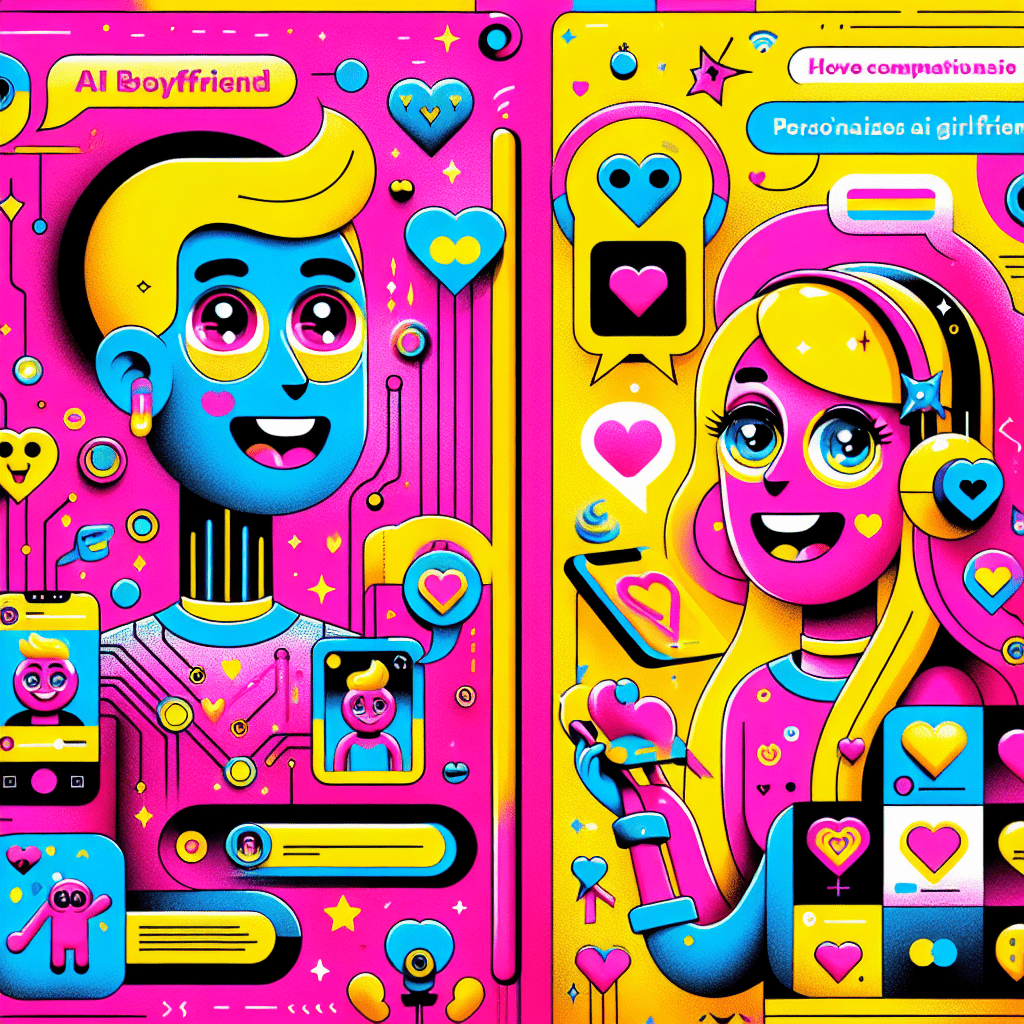 Bright neon pink and yellow pop-art style image featuring cartoonish characters of an AI boyfriend and AI girlfriend, showcasing playful personalization elements. The AI boyfriend has tech gadgets and holographic screens with compliments, while the AI girlfriend holds a heart-shaped device and a speech bubble saying "You're amazing!" The whimsical background includes hearts, stars, and fun typography for the blog title "How to use AI Boyfriend for personalized AI girlfriend experiences," emphasizing the engaging nature of AI companionship.