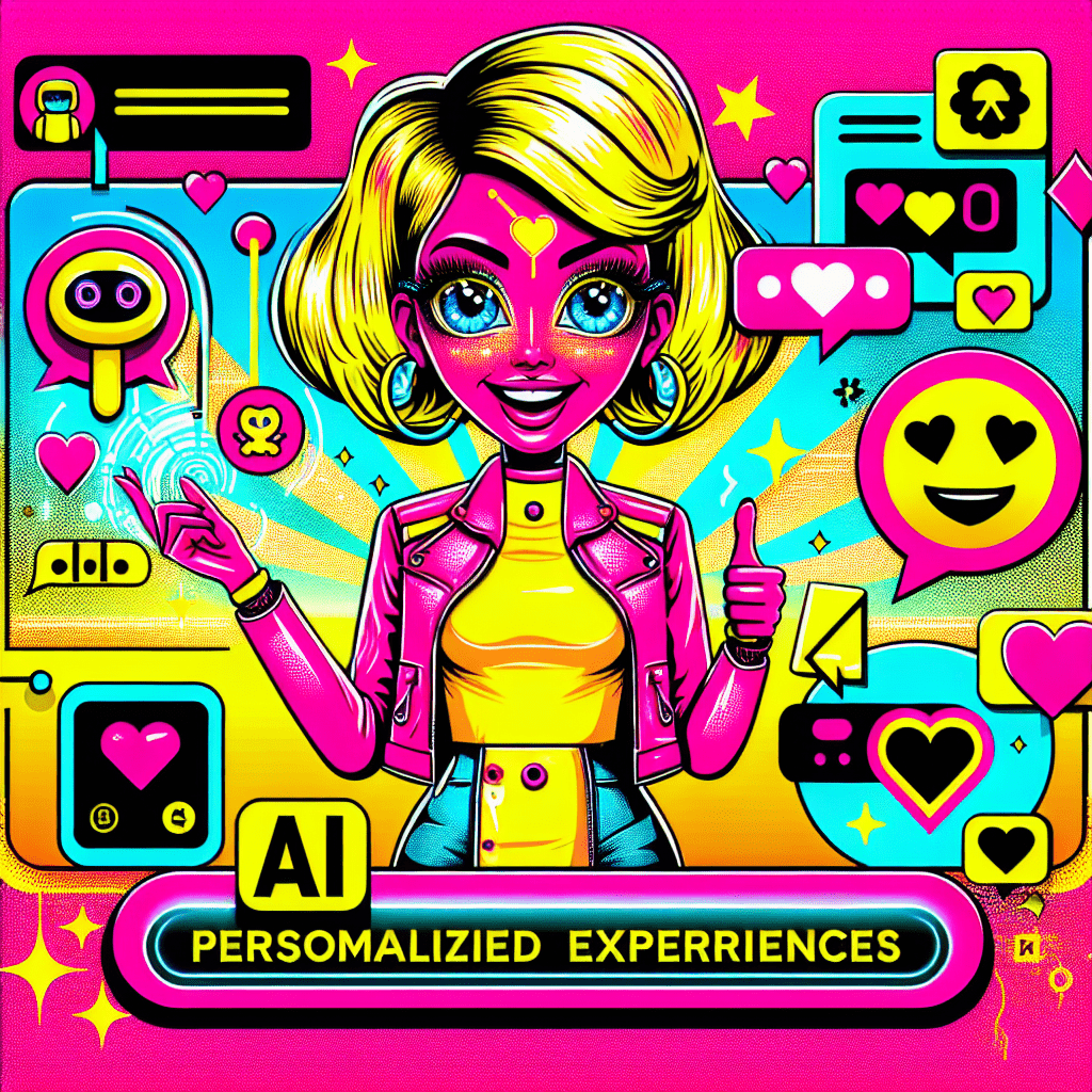 Bright neon pink background featuring a cartoonish AI girlfriend with oversized eyes and bright yellow hair, joyfully inviting as she interacts with holographic displays and digital heart icons, surrounded by customizable chat bubbles and whimsical doodles, capturing the playful essence of how to use AI Friend for personalized AI girlfriend experiences.