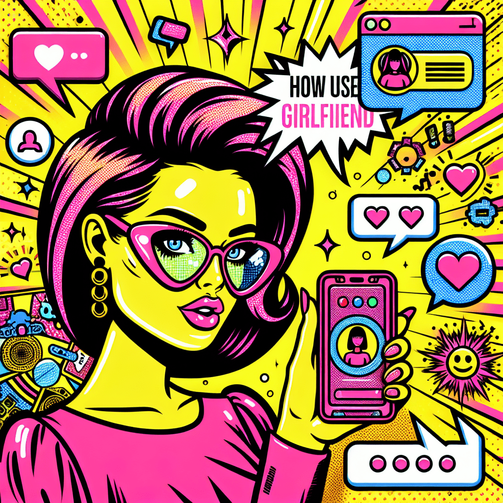 Vibrant pop-art style featured image for the blog "How to use AI Girlfriend for personalized AI girlfriend experiences," featuring a cartoonish female AI character with neon pink hair, playful expression, surrounded by personalization elements like hearts and emojis, set against a bright yellow background with interactive app interface components and abstract graphics.