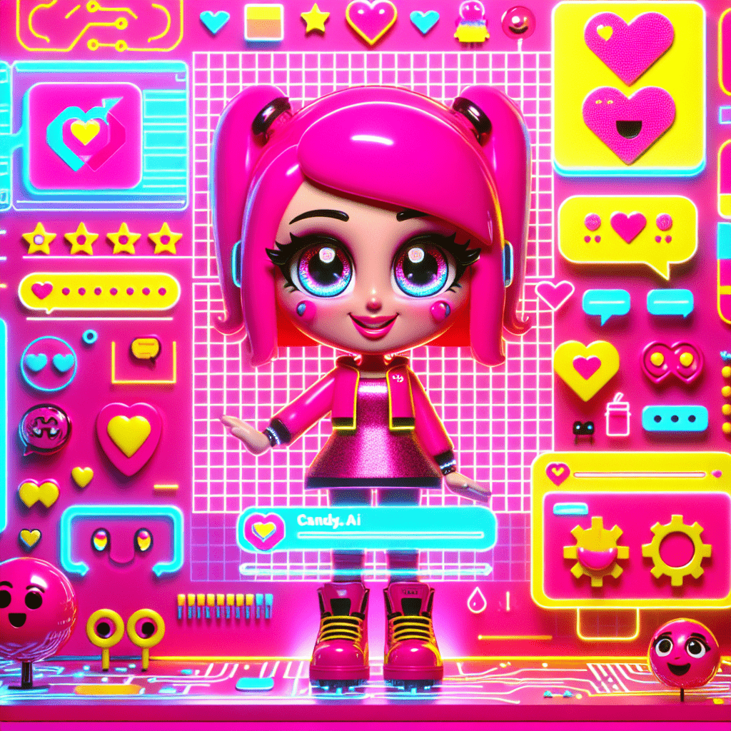 Vibrant cartoon AI girlfriend character with pink hair and playful outfit on a Neon Pink background, surrounded by symbols of personalization like hearts and chat bubbles, with futuristic elements like circuit patterns; bold text overlay reads "How to use Candy.ai for personalized AI girlfriend experiences" in Bright Yellow and White, embodying the All My Love brand's joyful and colorful identity.