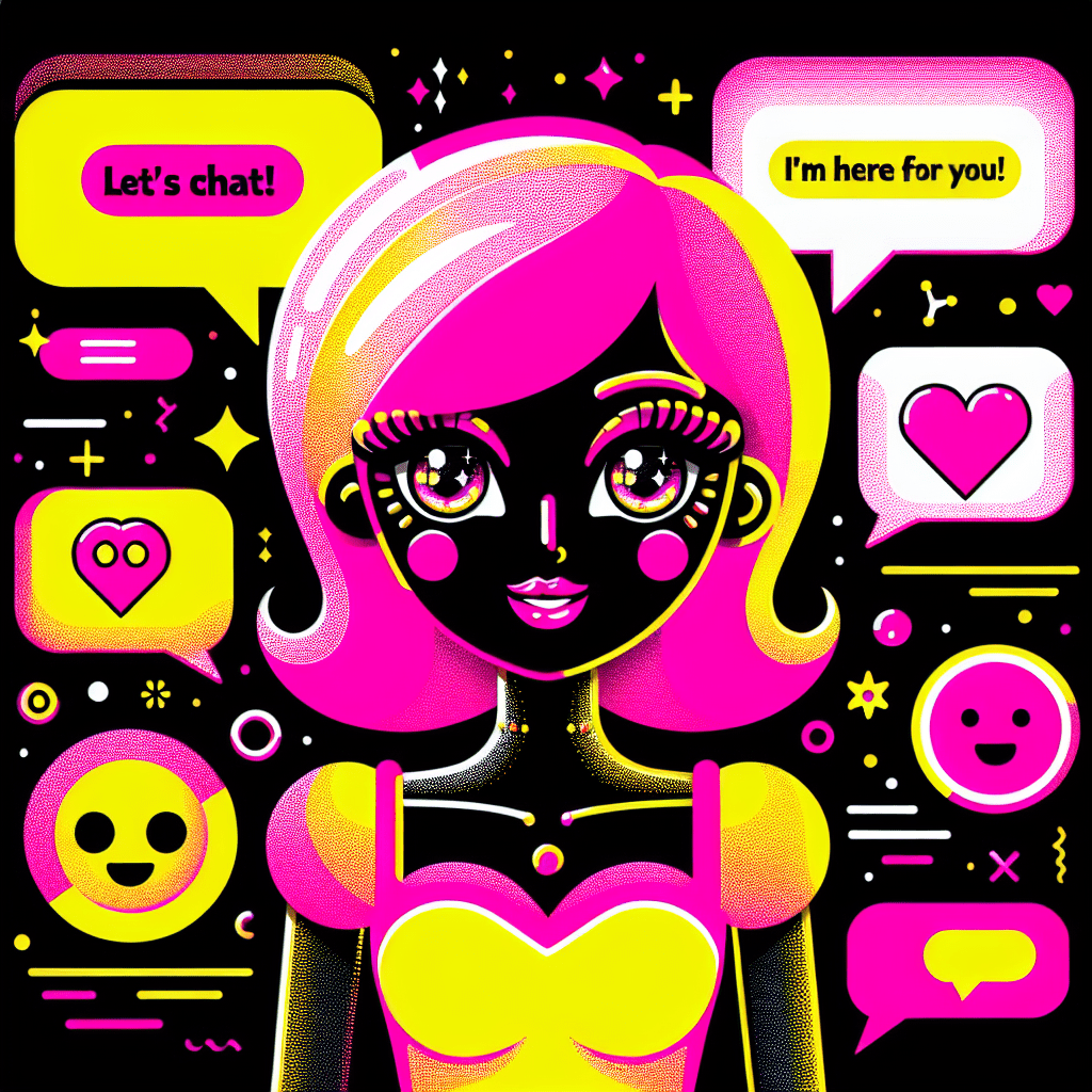 Vibrant cartoonish character of a stylish AI girlfriend with neon pink hair and a yellow dress against a black backdrop, surrounded by colorful speech bubbles saying “Let’s Chat!” and “I’m Here for You!” highlighting playful interactions, symbolizing connection and personalization in How to use Character.ai for personalized AI girlfriend experiences.