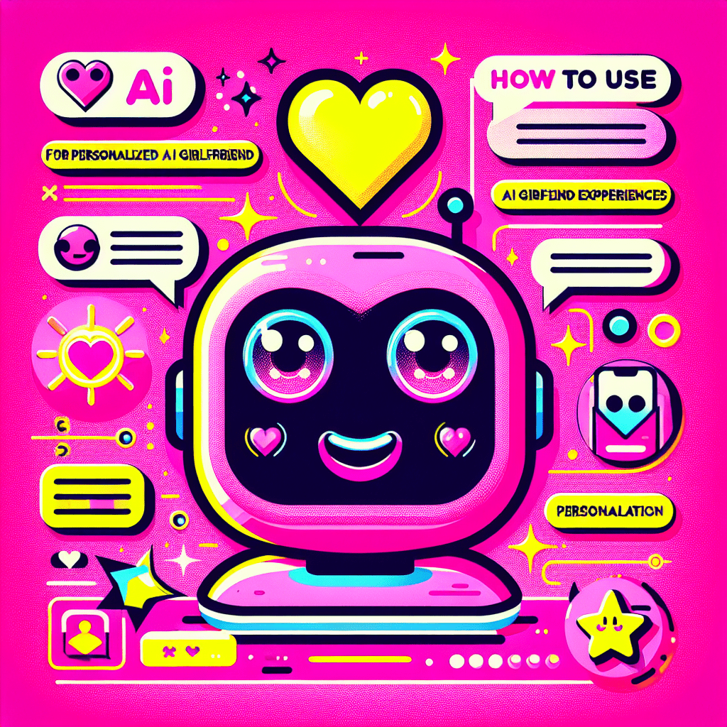 Vibrant illustration for the blog "How to Use Crushon.ai for Personalized AI Girlfriend Experiences" featuring a friendly, cartoonish AI character with oversized eyes and a heart-shaped overlay on a neon pink background, surrounded by playful personalization icons and speech bubbles with fun phrases, embodying a youthful and engaging theme of interaction and companionship.