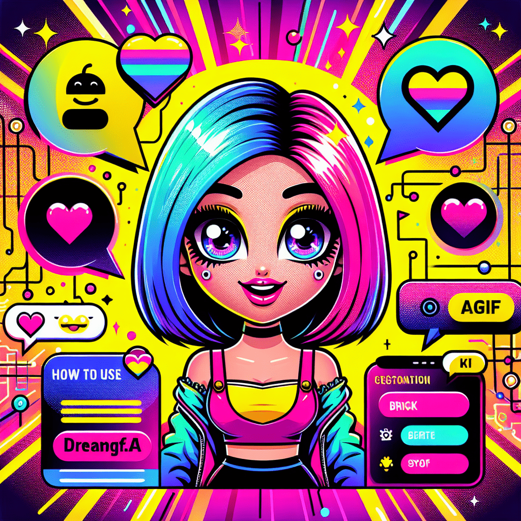 Vibrant gradient background in neon pink and bright yellow featuring a playful cartoon AI girlfriend with colorful hair, expressive eyes, and fashionable outfit, surrounded by symbols of technology like speech bubbles and hearts, with customizable icons representing personalization; includes bold comic-style title “How to Use DreamGF.ai for Personalized AI Girlfriend Experiences” in white with black outline and tagline “Unlock Your Personalized AI Girlfriend Experience!”