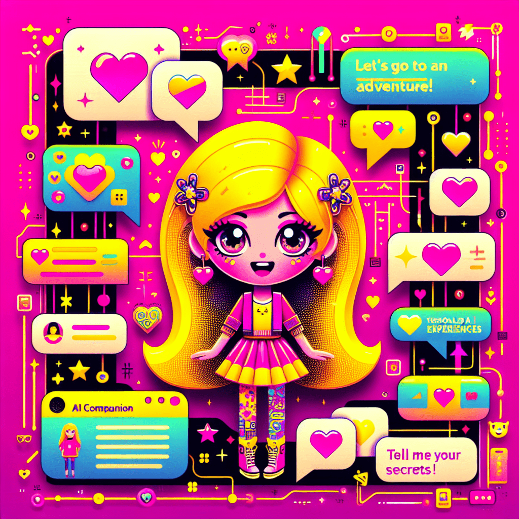 Vibrant featured image for blog titled How to use GirlfriendGPT for personalized AI girlfriend experiences, featuring a bold Neon Pink background with playful Bright Yellow stars and hearts, a cartoonish AI girlfriend character with bright hair and a cute outfit, interactive speech bubbles, tech icons, and colorful decorative elements symbolizing love and companionship.