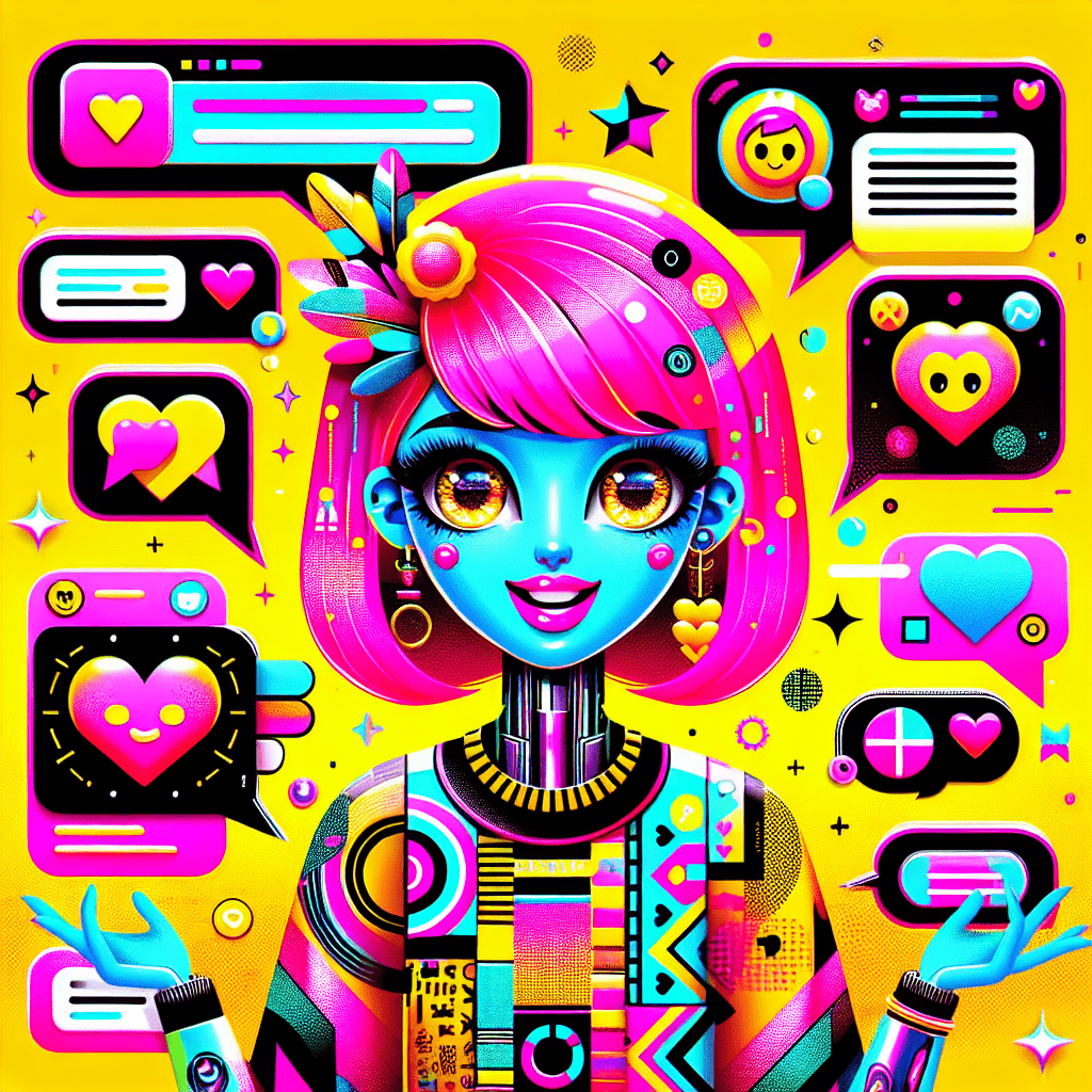 Bright yellow background features a cute cartoon AI girlfriend with neon pink hair and a lively expression, surrounded by colorful speech bubbles and playful elements like hearts and stars, illustrating the theme of connection. Bold title "How to use LovePalz for personalized AI girlfriend experiences" at the top, capturing attention and embodying a fun, vibrant pop-art style.