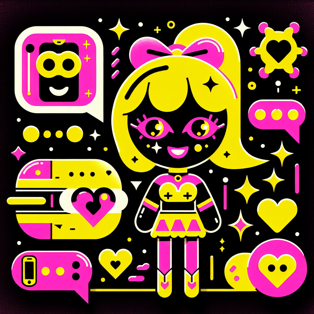 Vibrant featured image for blog on How to use Muah.ai for personalized AI girlfriend experiences, featuring a cartoonish AI companion in neon pink and bright yellow, set against a bold black background with playful yellow hearts and stars, accompanied by bold text elements in bright yellow, emphasizing a fun, youthful vibe.