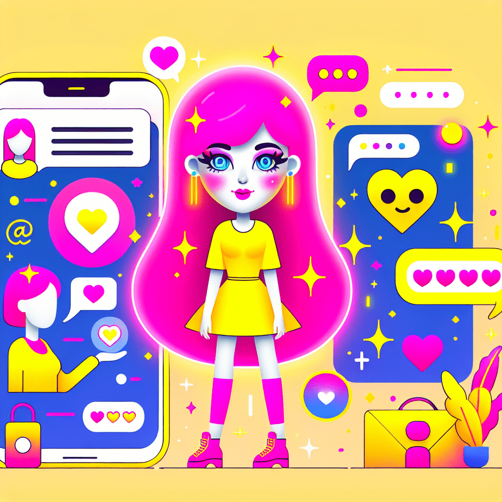 Cartoonish character representing a personalized AI girlfriend with Neon Pink hair and Bright Yellow clothing against a background of abstract hearts and chat bubbles, showcasing playful icons like a smartphone and emojis, emphasizing connection for the blog post "How to use ProjectX.AI for personalized AI girlfriend experiences"